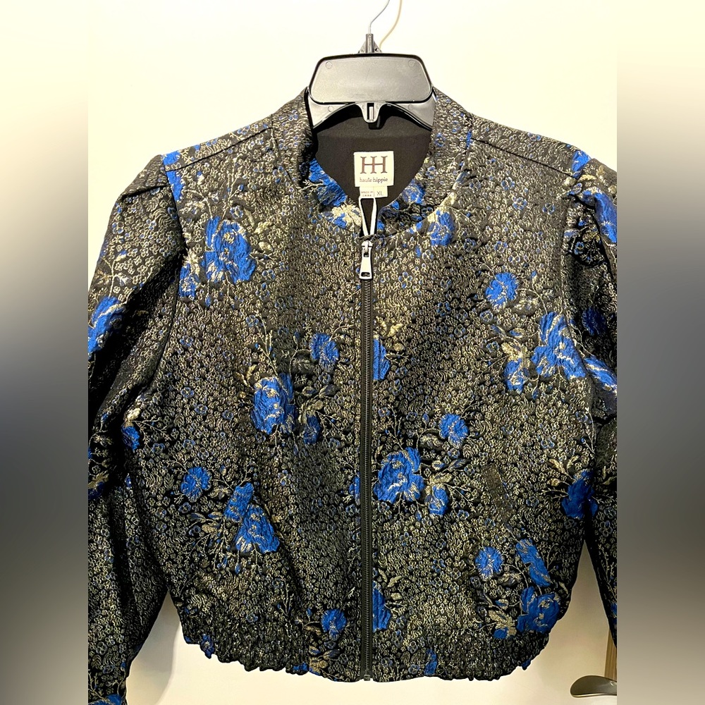Haute Hippie Ruth Metallic Floral Brocade Bomber Jacket - size XL - Picture 4 of 11